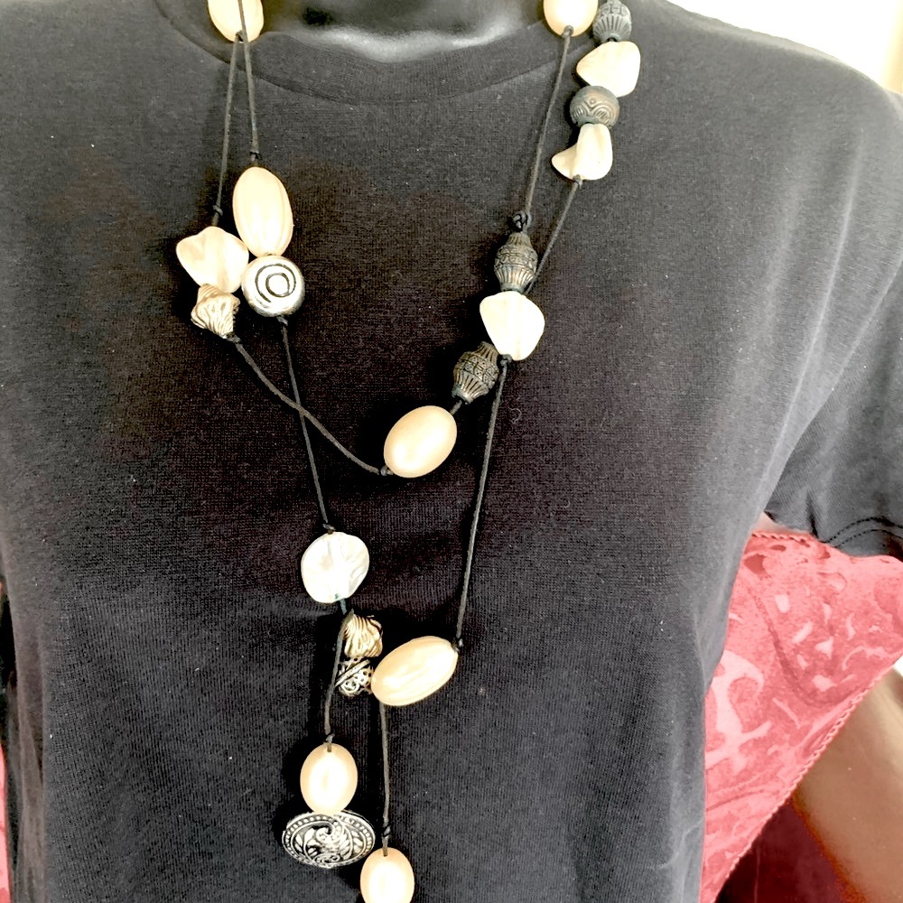 Very long knot necklace black rope ivory bedding